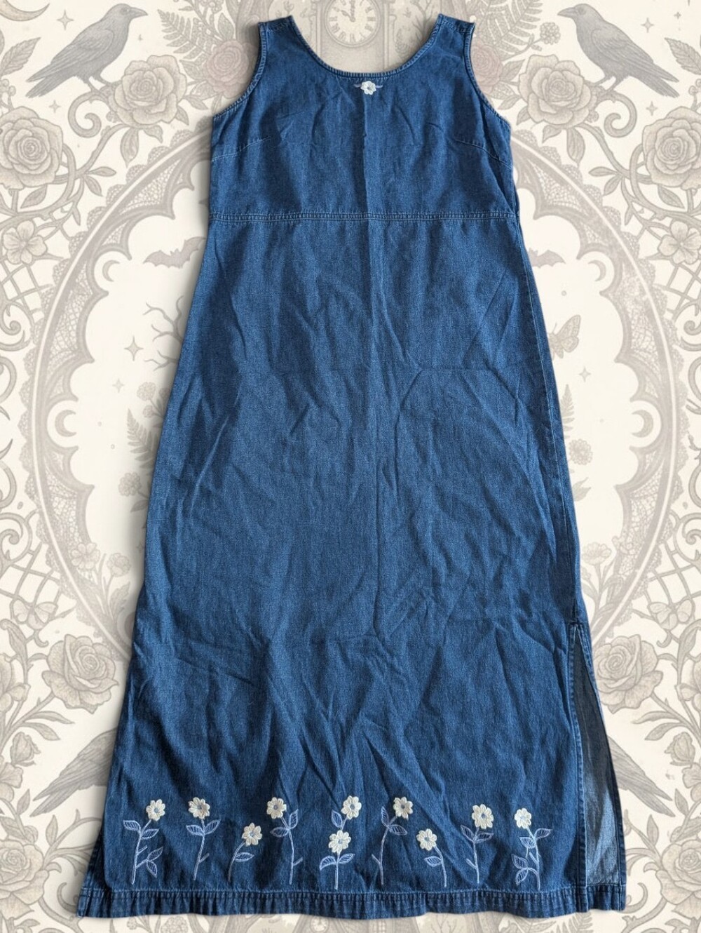 Cottagecore Vintage 90s Embroidered Denim Maxi Dress Pinafore Erika & Co Small